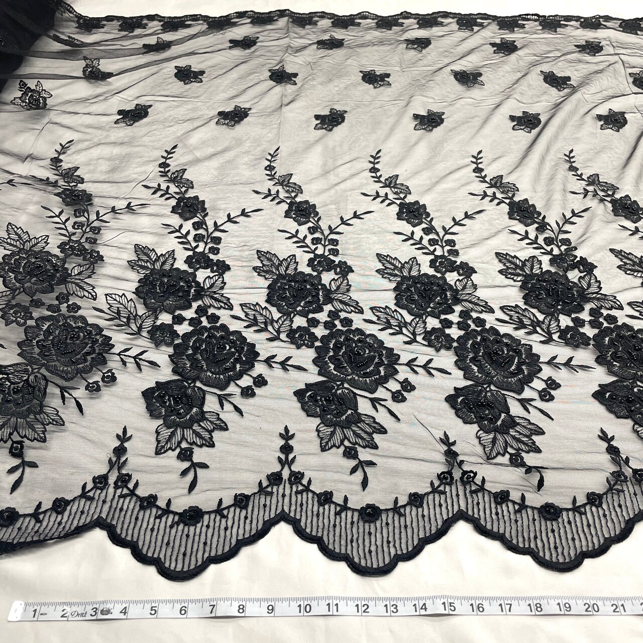 1 Yard Silver Beaded Embroidered Lace Fabric on Polyester Net Mesh for Bridal and Evening Couture – 52"
